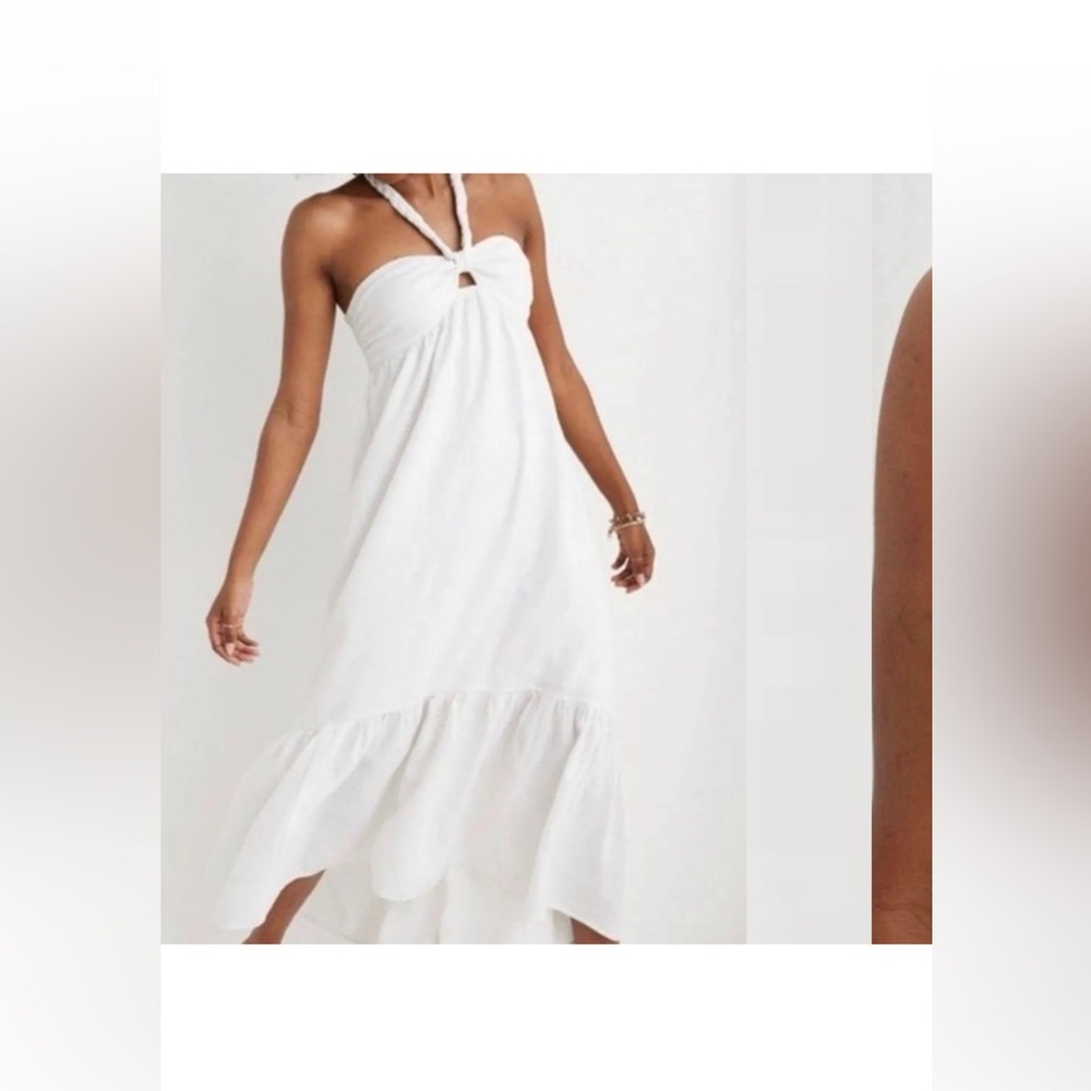 New Aerie Linen Blend Braided Halter Dress Hi Low White Never Worn PtP 14"